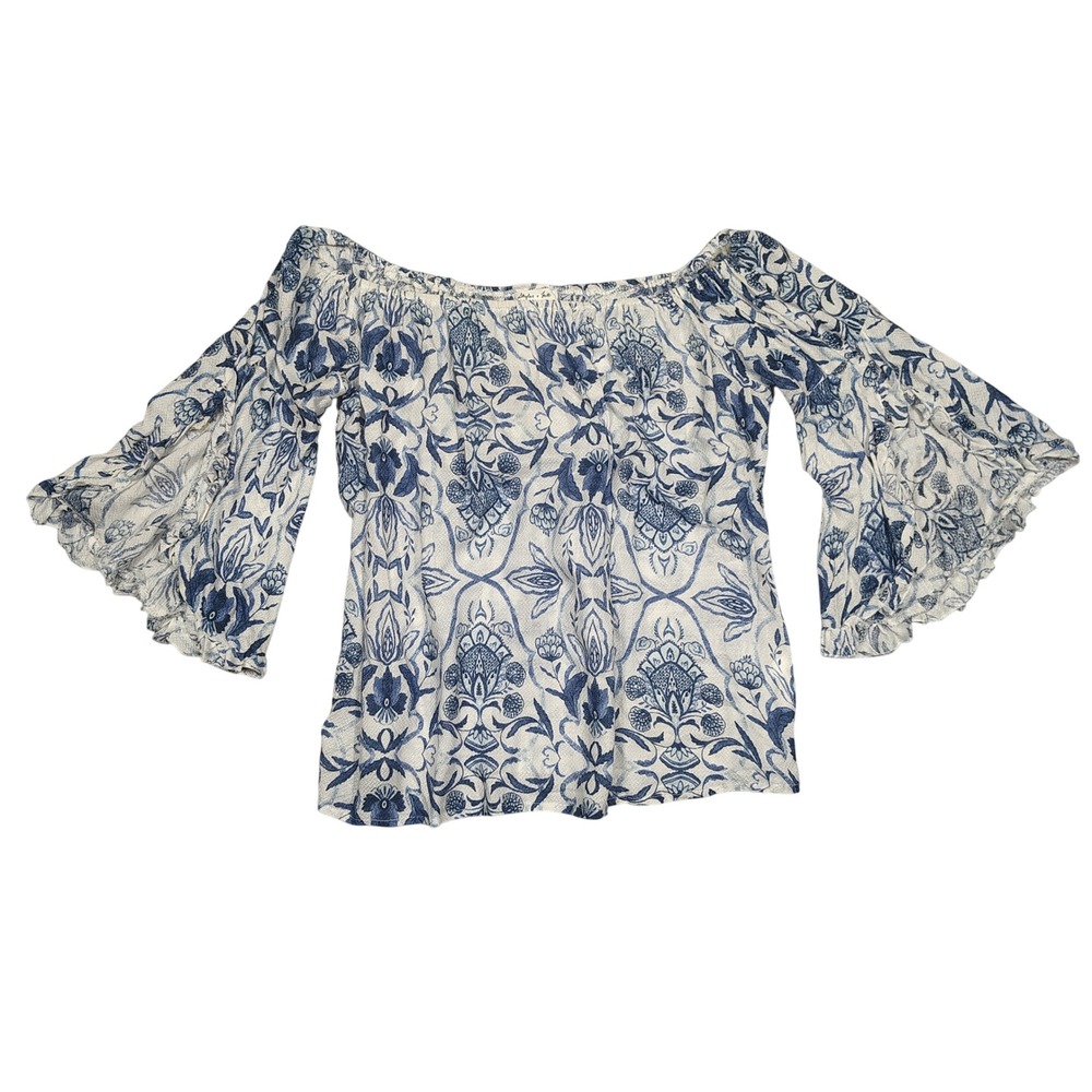 Skylar + Jade Rayon Top Womens M Off-the-Shoulder Bell Sleeve Blue Floral Damask
